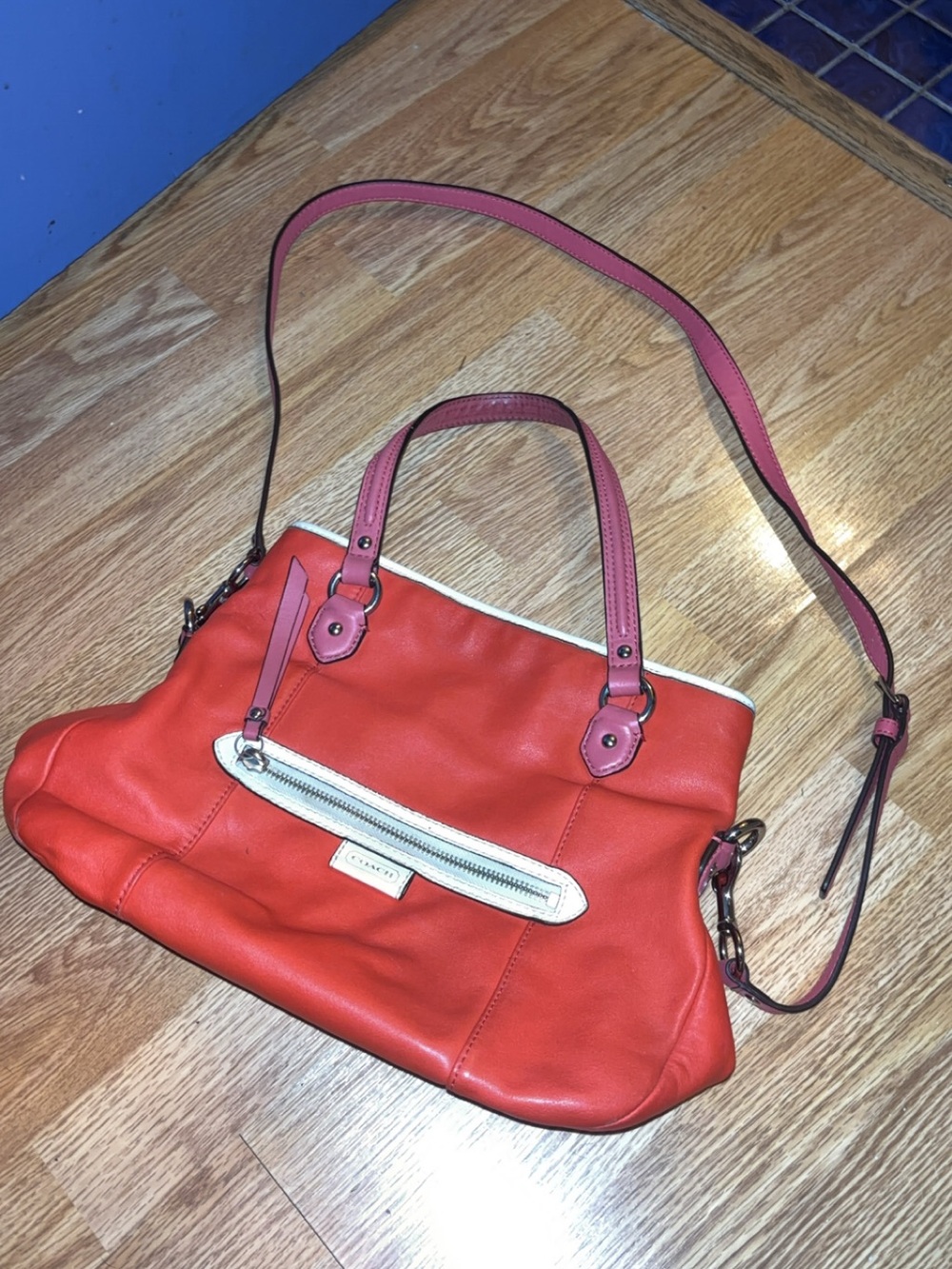 Coach Red Leather Shoulder Bag with Pink Straps and Cream Trim